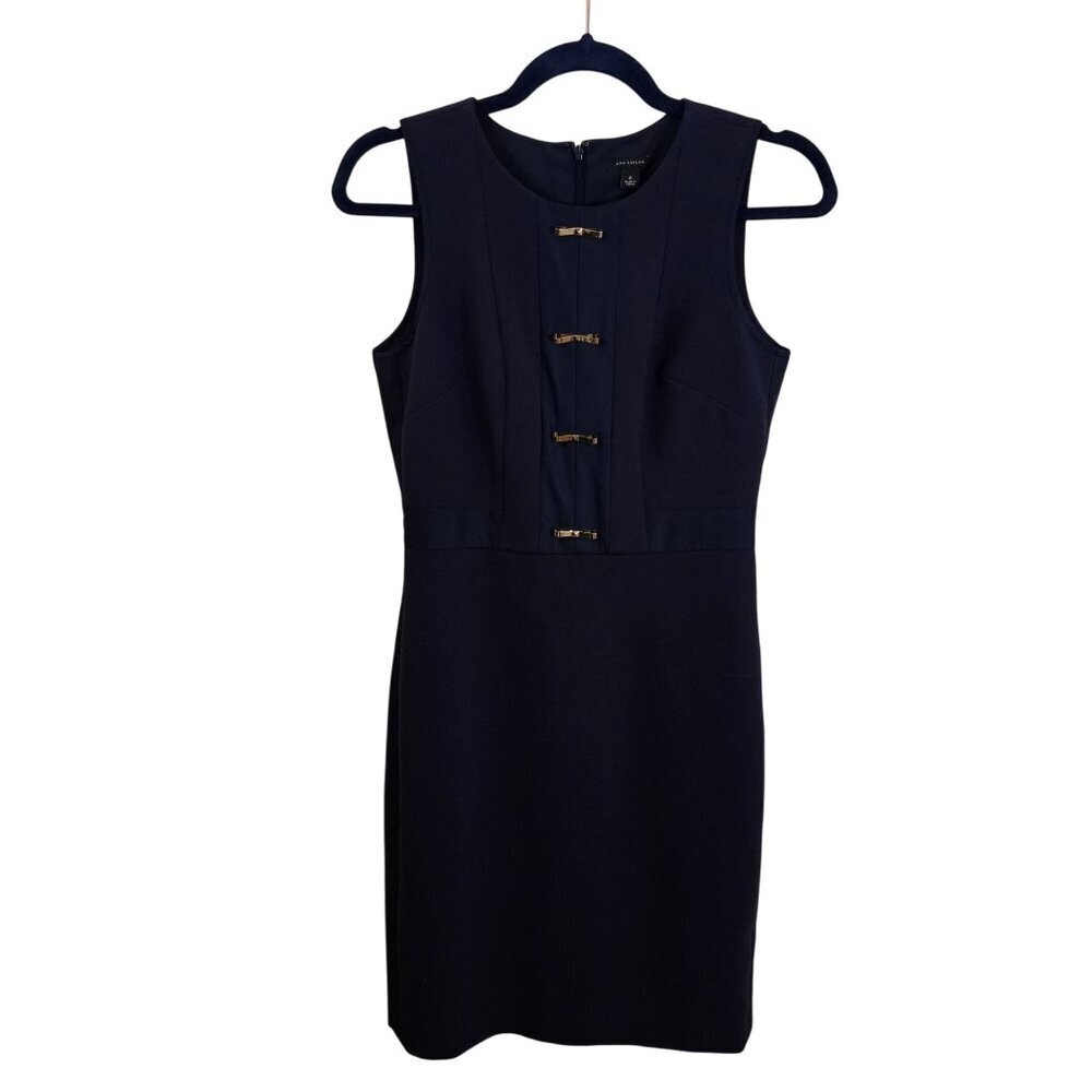 Ann Taylor NWOT Navy Gold Bow Embellished Quiet Luxury Sheath Dress Size 0